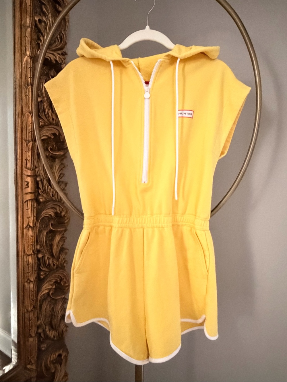 Hunter Yellow Hooded Short Romper with Contrast Trim